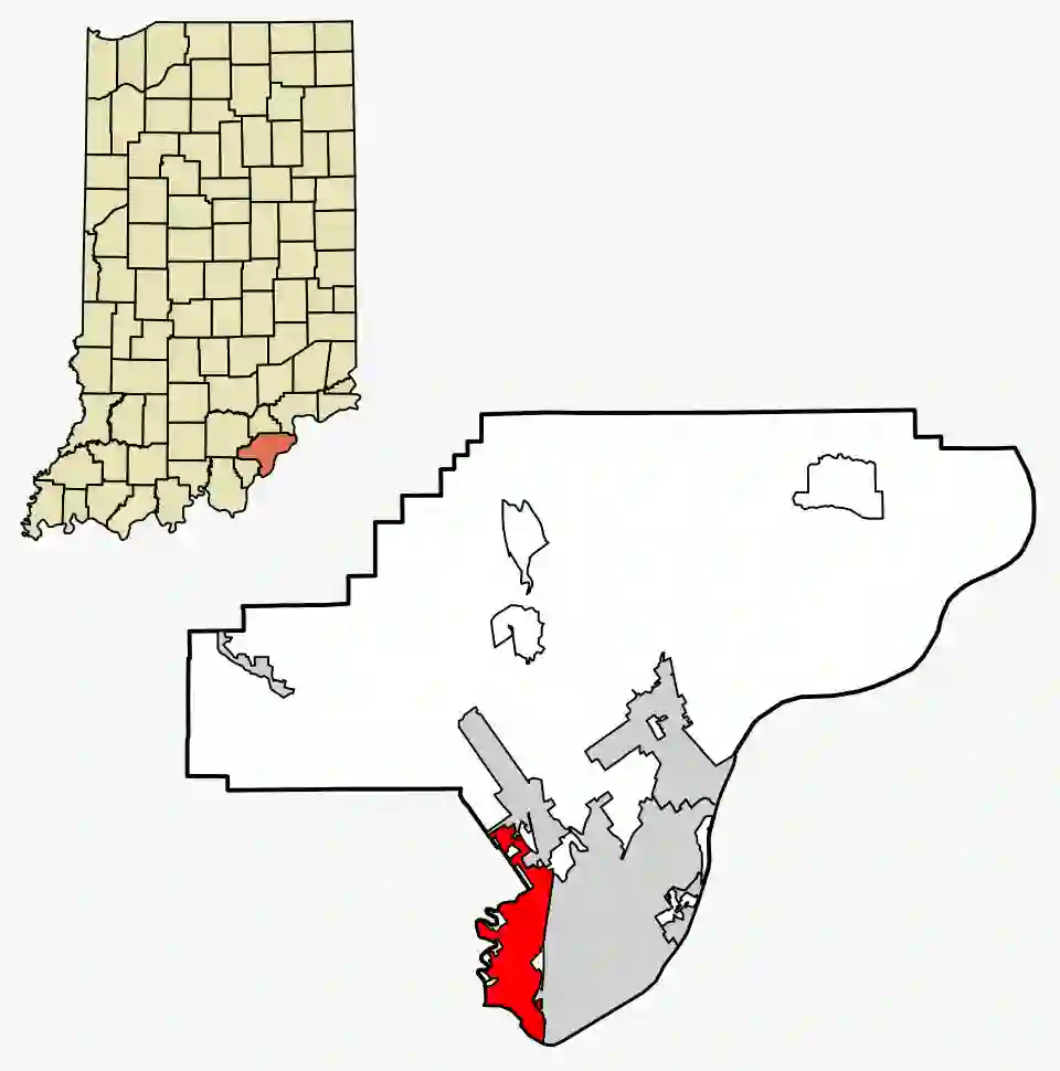 Located in the top left corner, showing the entire state of Indiana with its county borders. One county in southeastern Indiana, bordering the Ohio River, is highlighted in red.