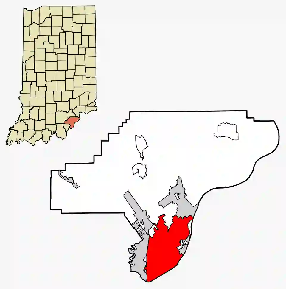 Locator map showing Jeffersonville highlighted in red within Clark County, with an inset showing Clark County's position in southeastern Indiana.