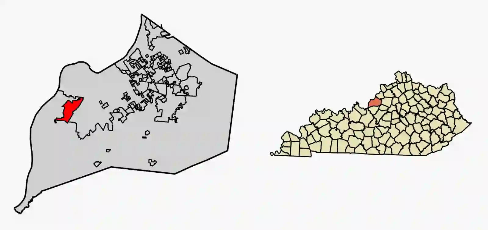A side-by-side locator map of Kentucky. The left map highlights the city of Shively in red within Jefferson County. The right map shows the position of Jefferson County in orange on a full map of Kentucky.